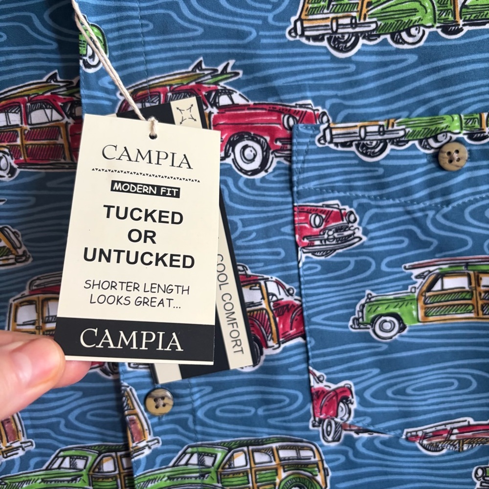 Campia Moda Men’s NEWShort Sleeve Button-Up Shirt Blue Retro Car Print Size L - Picture 7 of 14